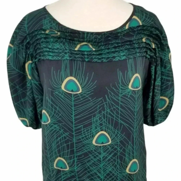 {Parker} Peacock Feathers Print 100% Silk Blouse - Picture 4 of 12